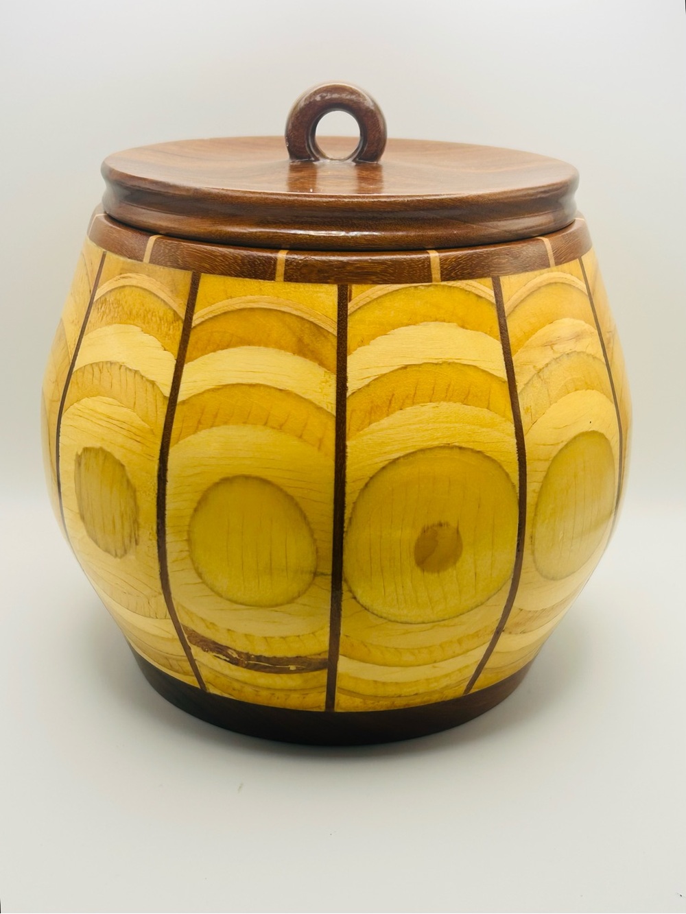Segmented Wood Barrel Jar – Geometric Mid-Century Modern Vessel with Lid